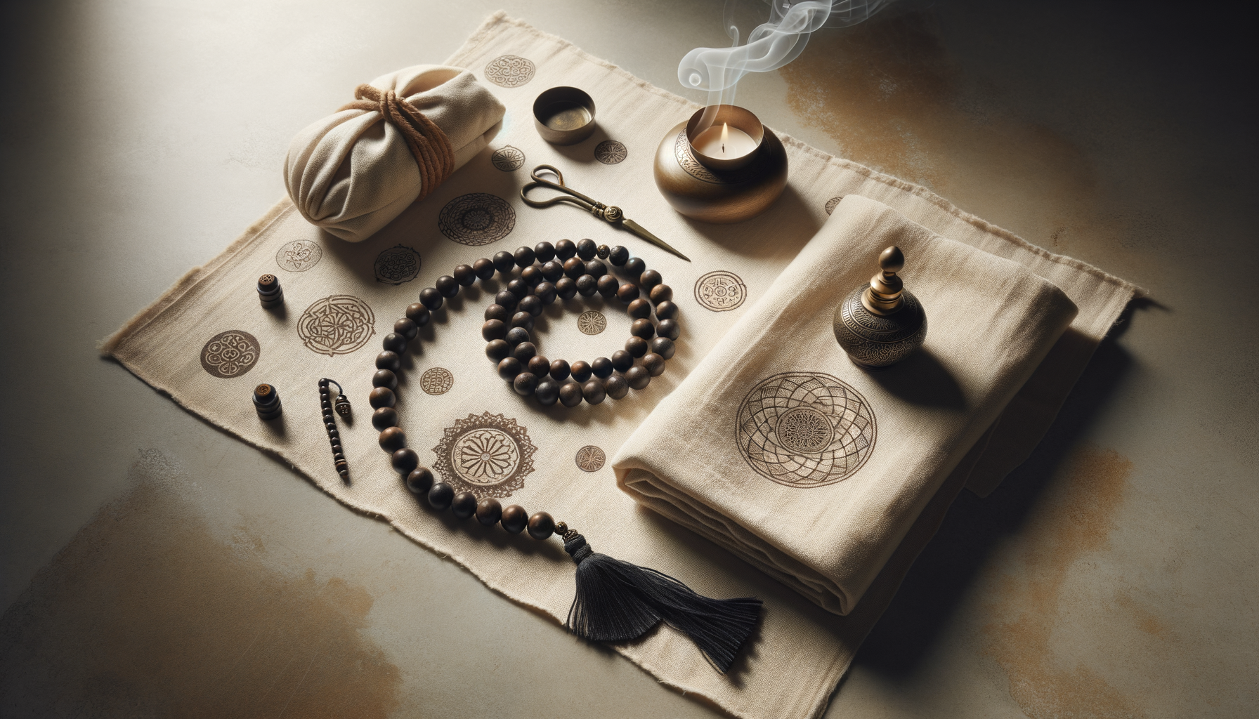 Flat-lay of a serene ritual setup with wooden prayer beads, a smoking brass candle, small metal vessels, scissors, and mandala-printed linen arranged neatly for mindful meditation practice.