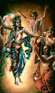 Devotional painting of a blue-draped saint dancing in kirtan, garlanded and radiant, surrounded by musicians and praying devotees, symbolizing compassion in Lord Nityananda's pastimes.