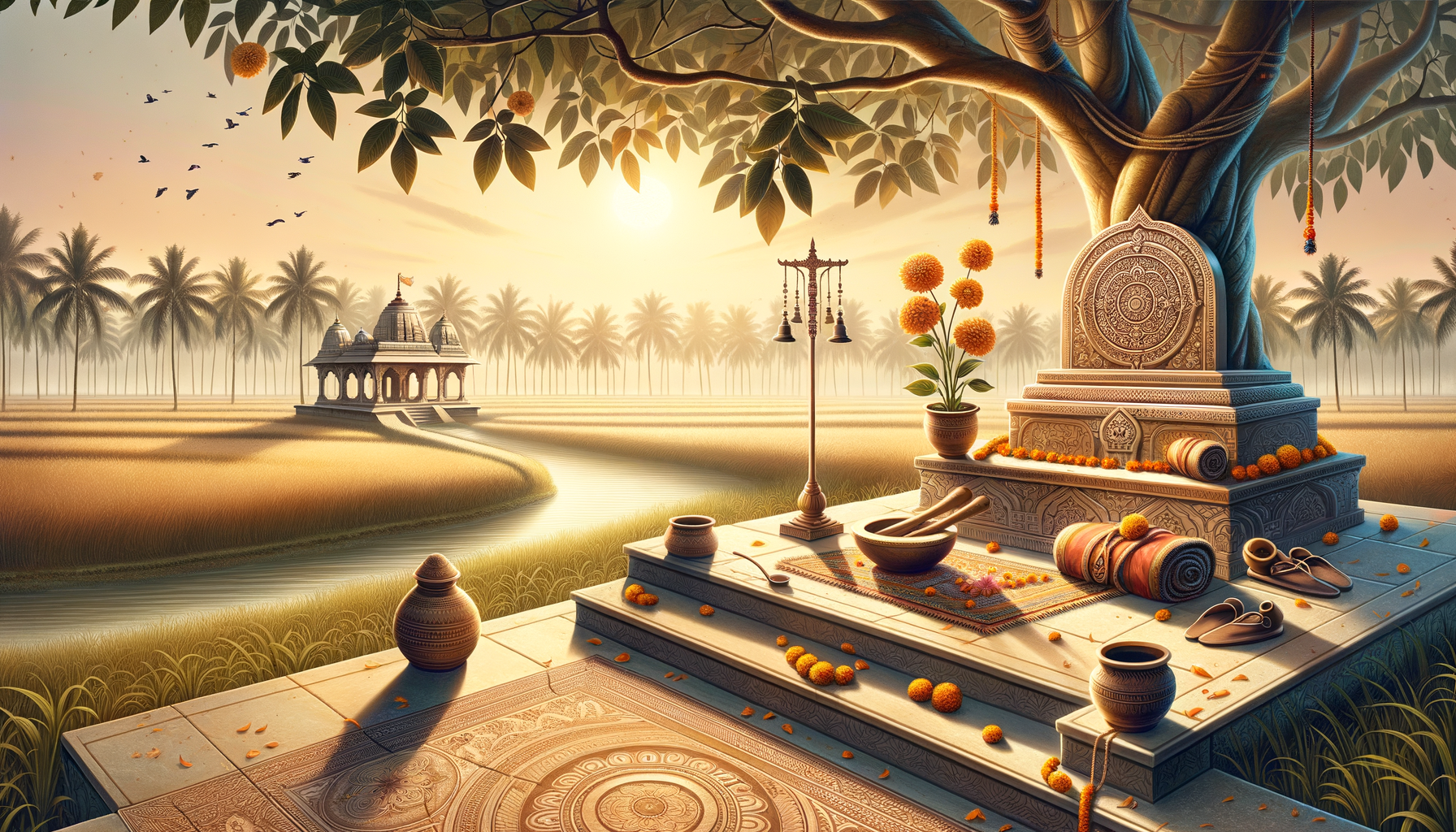 Sunlit rural temple scene at dawn with a carved stone shrine beneath a banyan tree, marigold garlands, prayer bells, vessels and sandals, a winding waterway, golden fields and palm trees fading into haze.