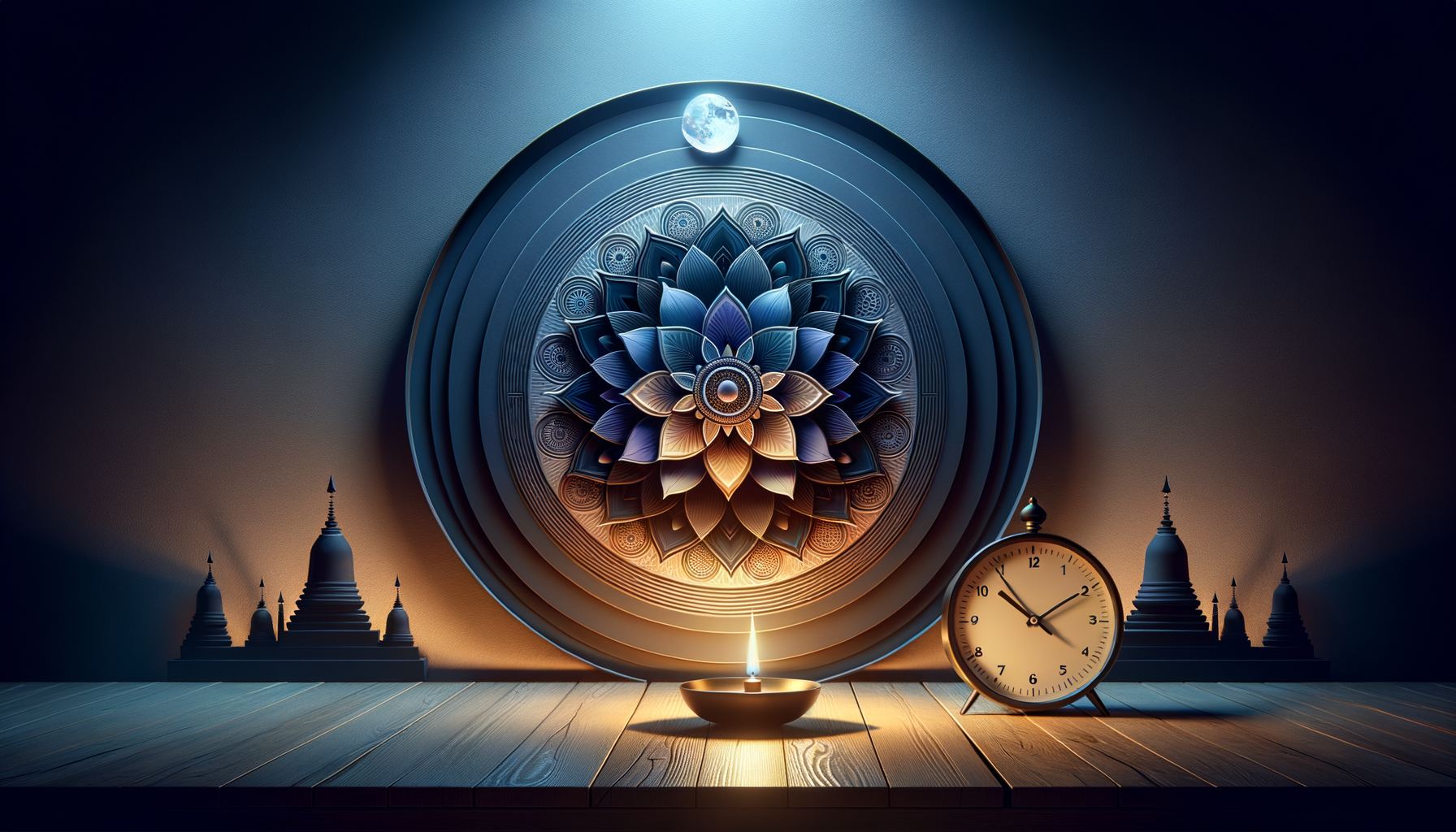 Lit oil lamp before an intricate circular mandala with a small moon above, flanked by temple silhouettes and an analog clock on a wooden table, bathed in cool blue and warm amber light.