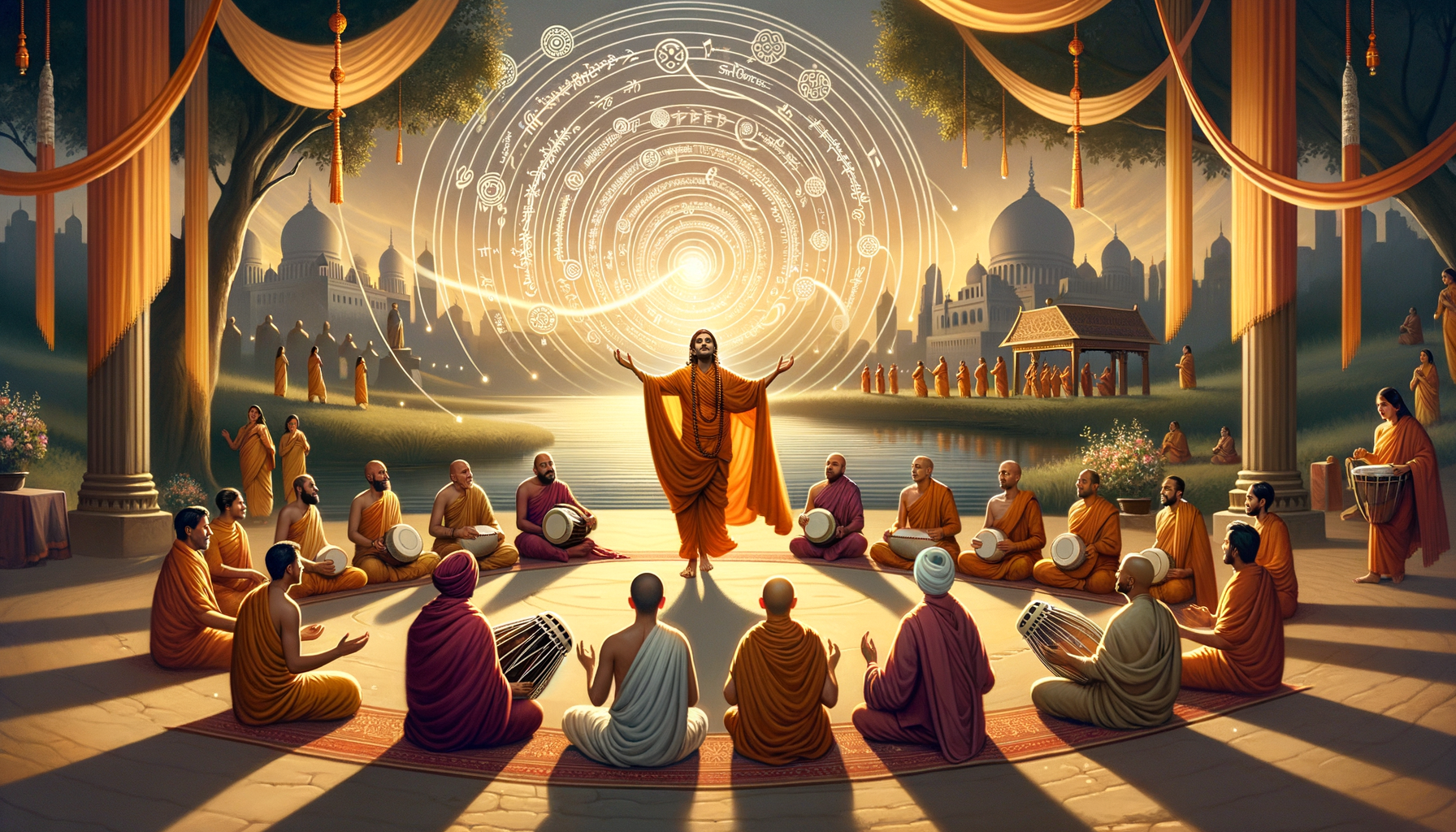 A circle of robed participants plays hand drums around a calm leader by a riverside, beneath radiating sacred-geometry light, with domed architecture, columns, and golden drapery at sunset.