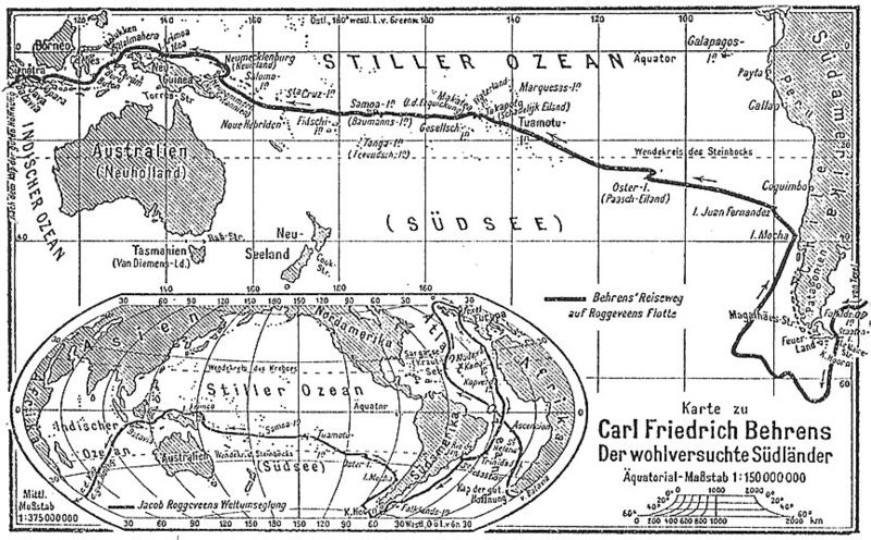 Historic German map tracing Jakob Roggeveen’s 1722 Pacific voyage to Easter Island (Osterinsel/Rapa Nui), showing the route from South America across Polynesia with an inset world map labeled Stiller Ozean.