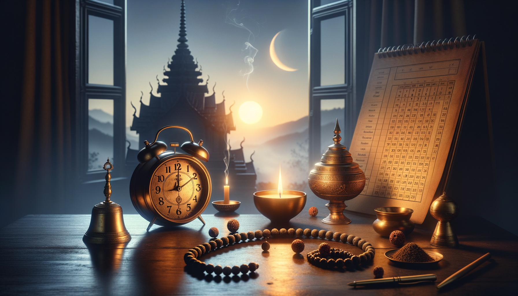 Brass alarm clock, candles, incense, and a rudraksha mala on a wooden desk beside a Vedic calendar, with a temple silhouette at sunrise and a crescent moon—evoking astrology, ritual, and meditation.