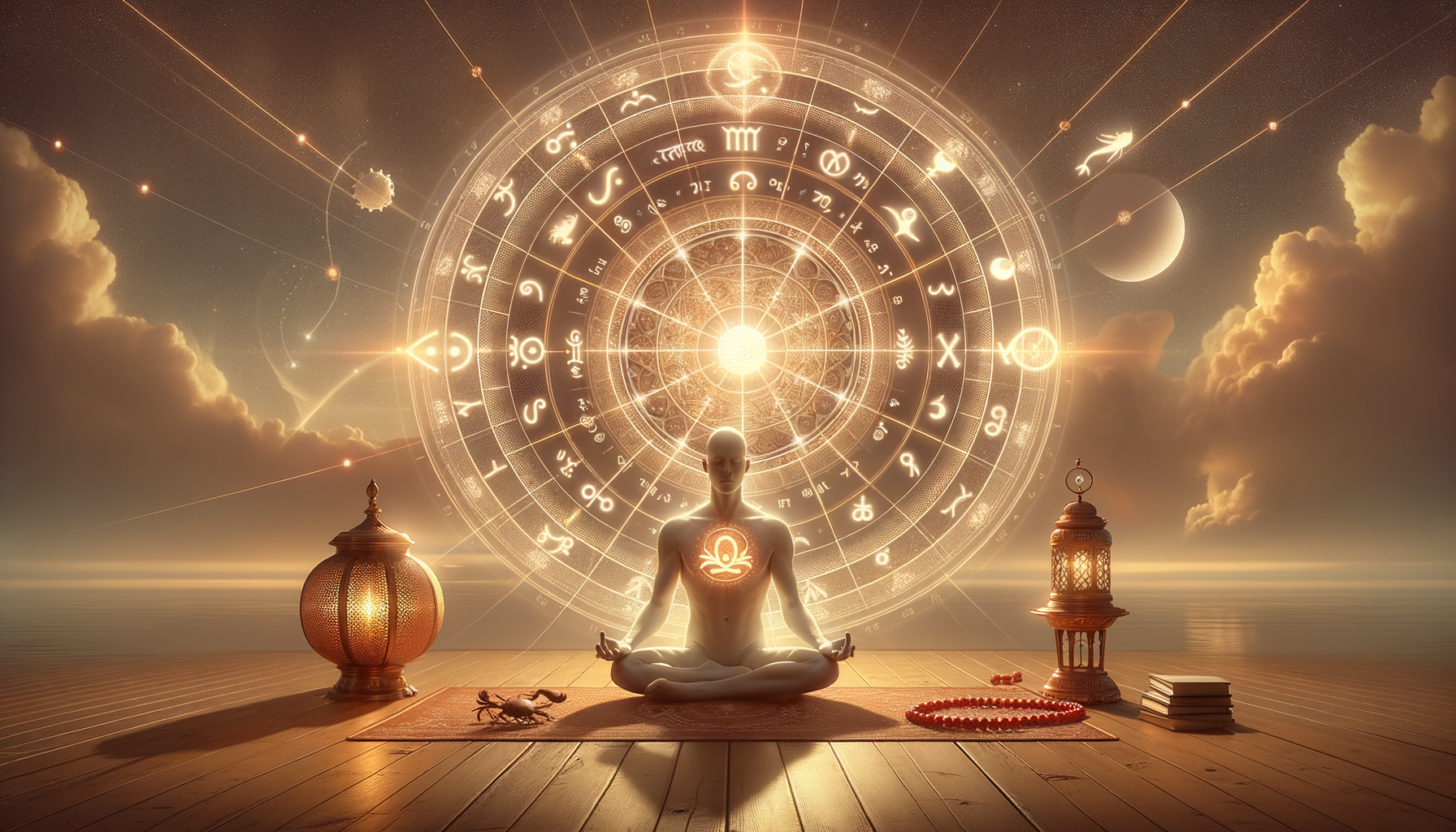 Figure meditating at sunset before a radiant zodiac wheel; glowing astrology symbols, lanterns, beads, and books evoke mindful spirituality and balance, tuned to {post.categories}.
