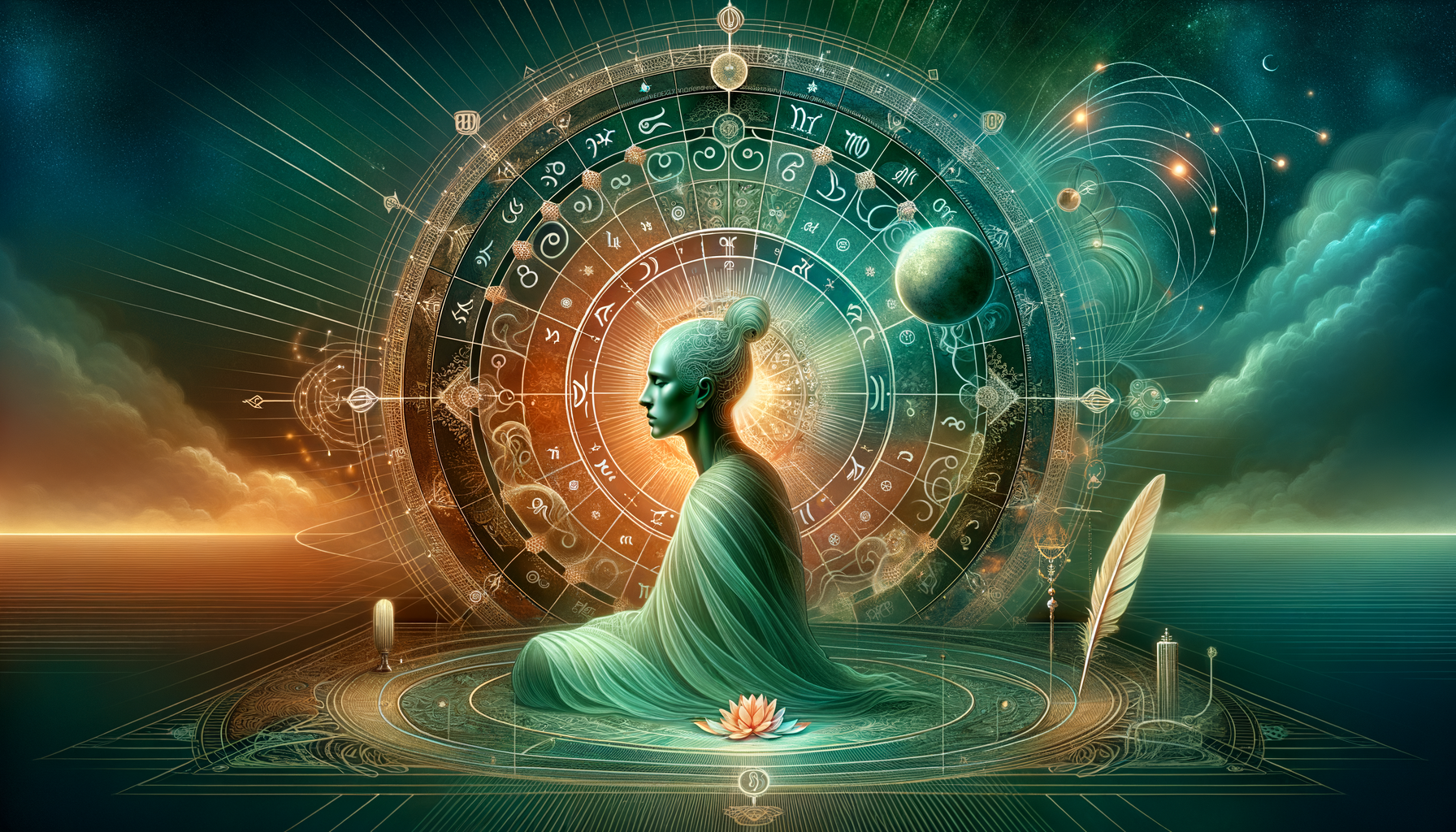 Surreal art of a meditating figure before a luminous zodiac wheel with planets and constellations; a lotus and quill nearby evoke astrology, horoscope insight, spirituality, and mindful reflection.