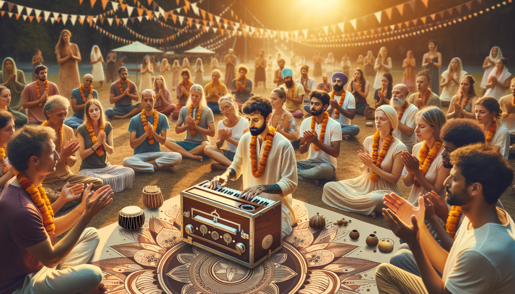 Golden-hour outdoor kirtan circle with diverse people seated on grass, wearing marigold garlands and clapping as a musician plays a harmonium on a mandala mat; yoga, meditation, mantra, mindfulness community.