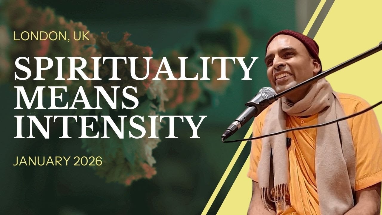 Event poster for a spirituality talk in London, UK titled “Spirituality Means Intensity,” January 2026, featuring a smiling speaker in saffron robes at a microphone against a green backdrop; testing.