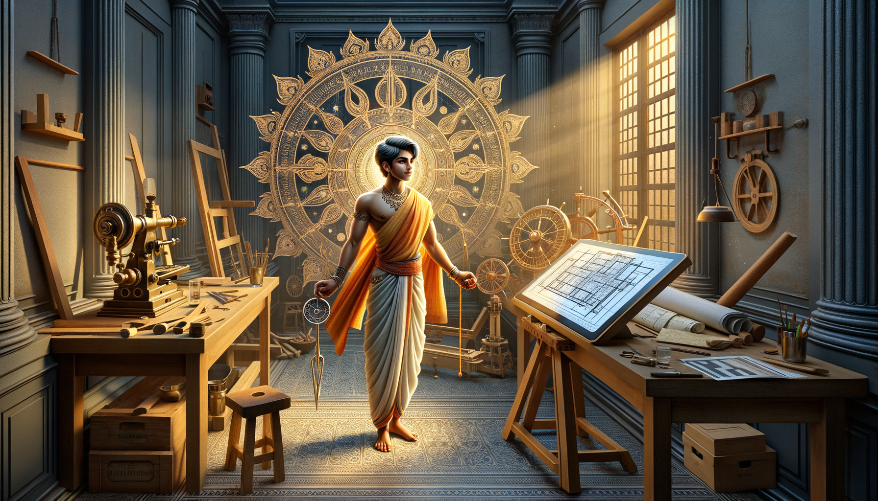 Sunlit workshop scene with a robed scholar between drafting tables, blueprints, gears, and measuring tools before an ornate golden mandala wheel, evoking ancient architecture and engineering.