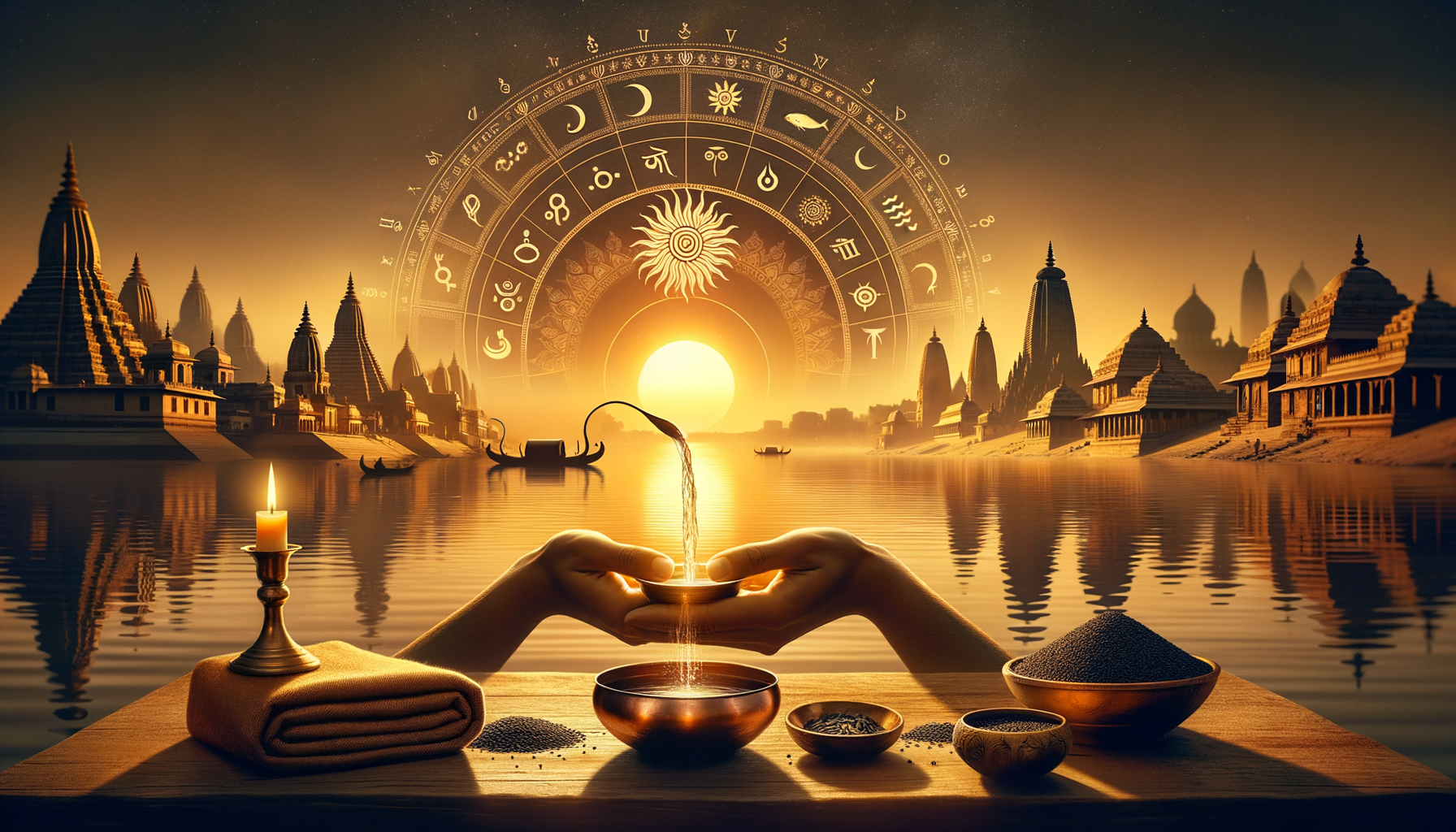 At sunrise on a sacred river, hands pour water into a brass bowl beside a candle and grains, with temple spires and a radiant zodiac wheel evoking Vedic astrology, spirituality, and ritual.