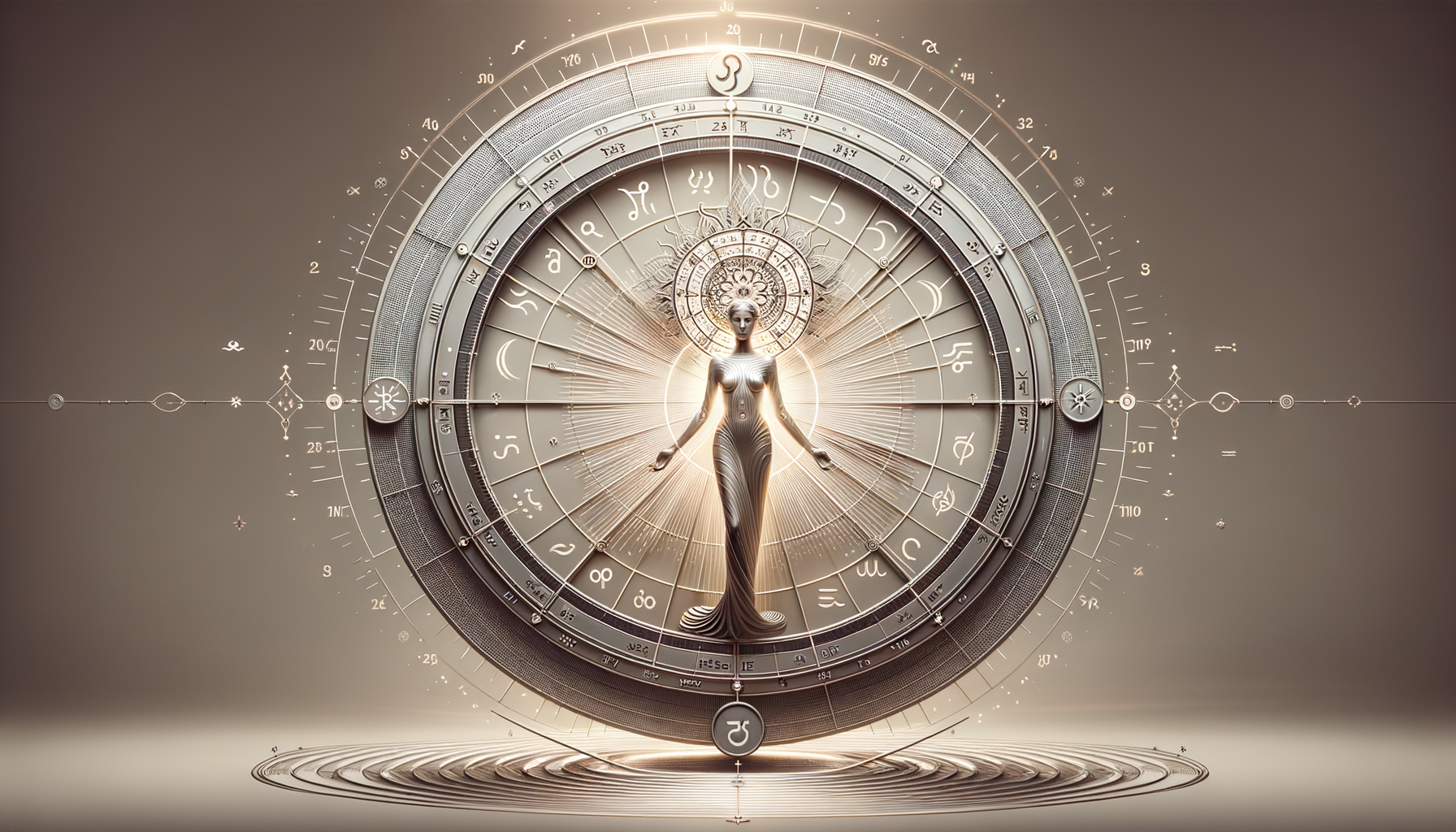 Intricate astrological wheel with zodiac glyphs and concentric rings encircling a radiant, stylized human figure, in sepia-gold metal tones; symbolic visual for {post.categories} themes and guidance.