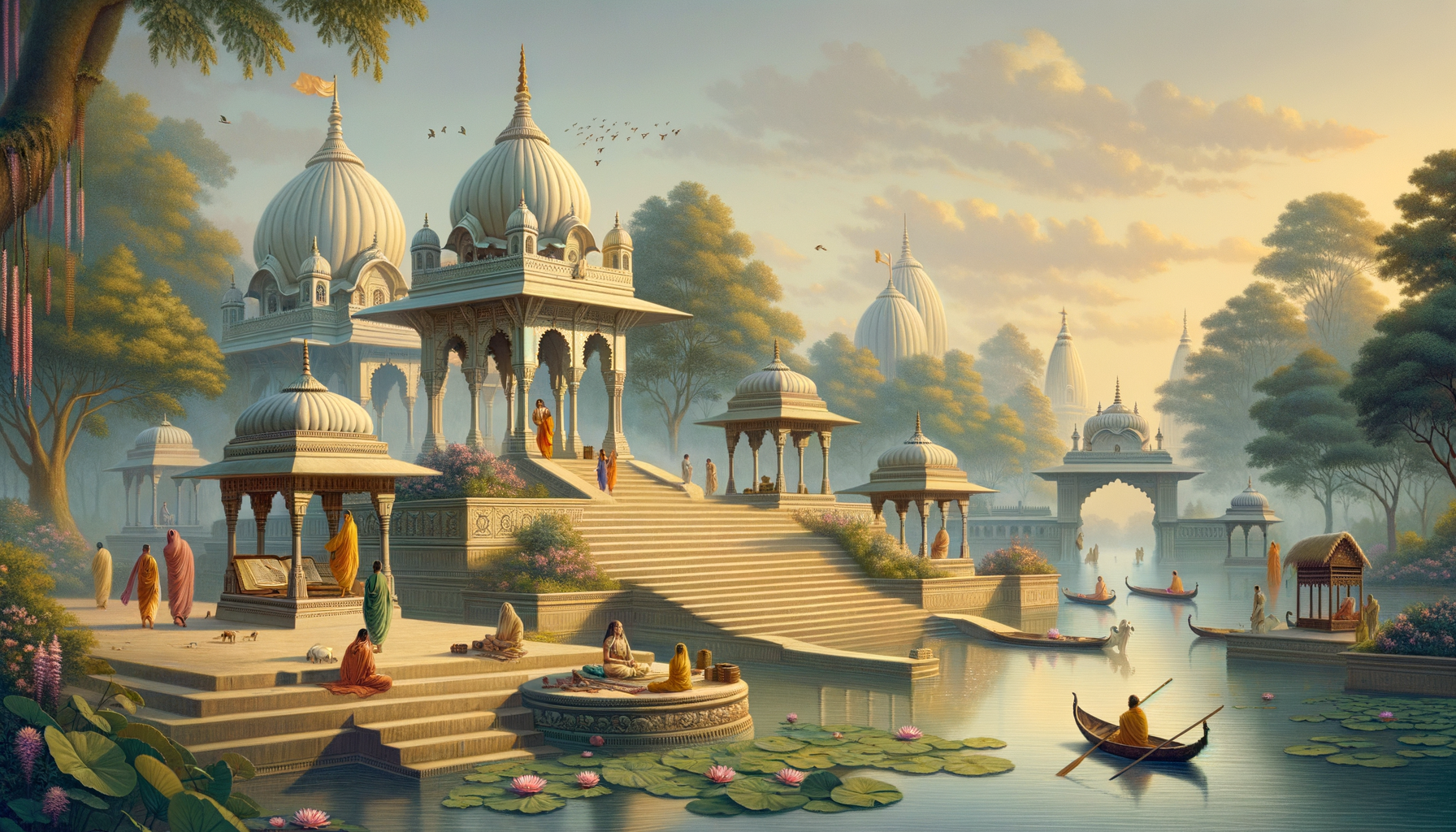 Illustrated riverside temple complex at dawn with white domes, ornate pavilions, broad steps, lotus-filled water, small boats, and robed visitors among gardens; serene Indian architecture, {post.categories}.