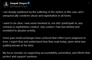 Screenshot of a social media statement condemning abuse, denying involvement in criminal or exploitative conduct, regretting past email tone, and pledging accountability and support for survivors.
