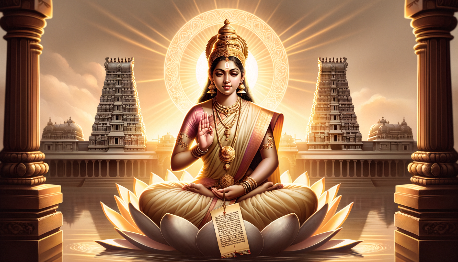 Illustration of a Hindu goddess seated on a lotus in a temple tank at sunrise, haloed with radiant light, adorned with gold jewelry, blessing mudra raised, palm-leaf scripture below, and tall gopuram towers behind.