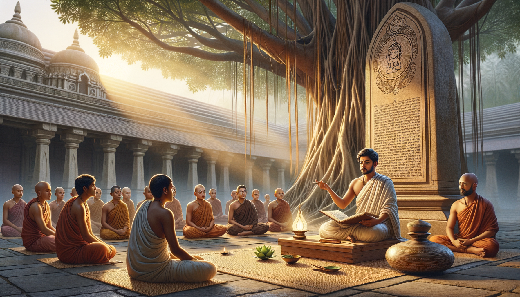 Monastic students sit around a teacher reading from an open text beneath a banyan tree, as sunbeams light an inscribed stone stele in an ancient temple courtyard lined with pillars.