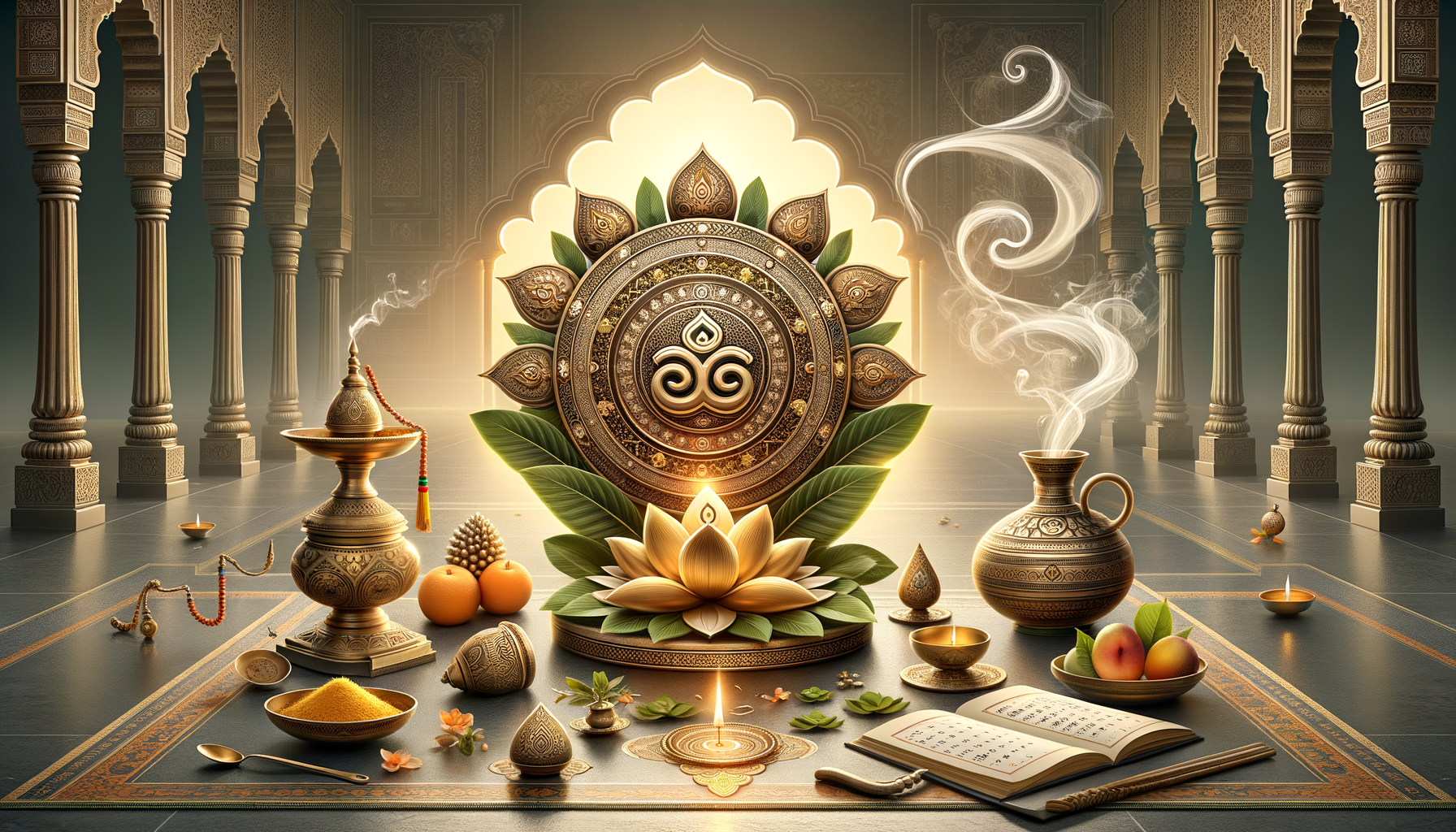Golden puja altar inside an ornate temple, with lotus lamp, incense smoke, fruits, turmeric, and an open sacred text before an intricate mandala; oil diyas glow, evoking Hindu spirituality, meditation, and ritual.