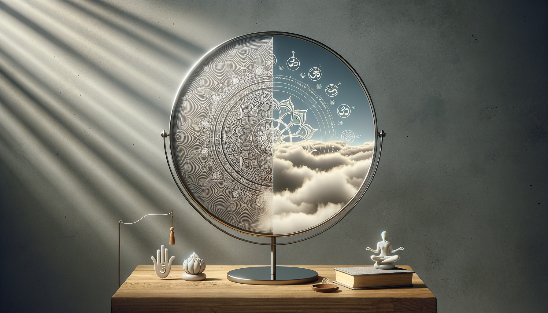 Circular artwork split between an intricate silver mandala and a clear sky above clouds, set on a wooden altar with a lotus, hamsa-like hand charm, and a small meditating figurine in soft sunbeams.