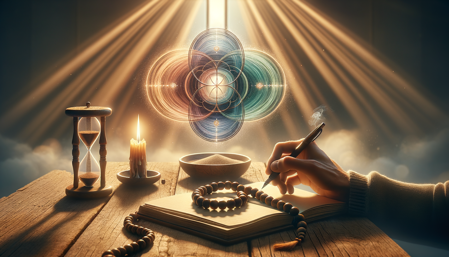 Warm-lit desk with hourglass, candle, bowl of sand, and prayer beads around an open journal as a hand writes; a radiant sacred-geometry mandala glows above, evoking time, reflection, and mindfulness.