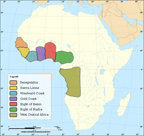 Map of Africa highlighting West African embarkation regions of the transatlantic slave trade: Senegambia, Sierra Leone, Windward Coast, Gold Coast, Bights of Benin and Biafra, and West Central Africa.