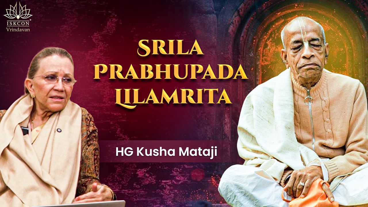 Spiritual talk poster: maroon background with gold title and ISKCON Vrindavan logo; elderly monk in saffron and cream seated right, woman speaker in beige shawl left, both facing the audience.