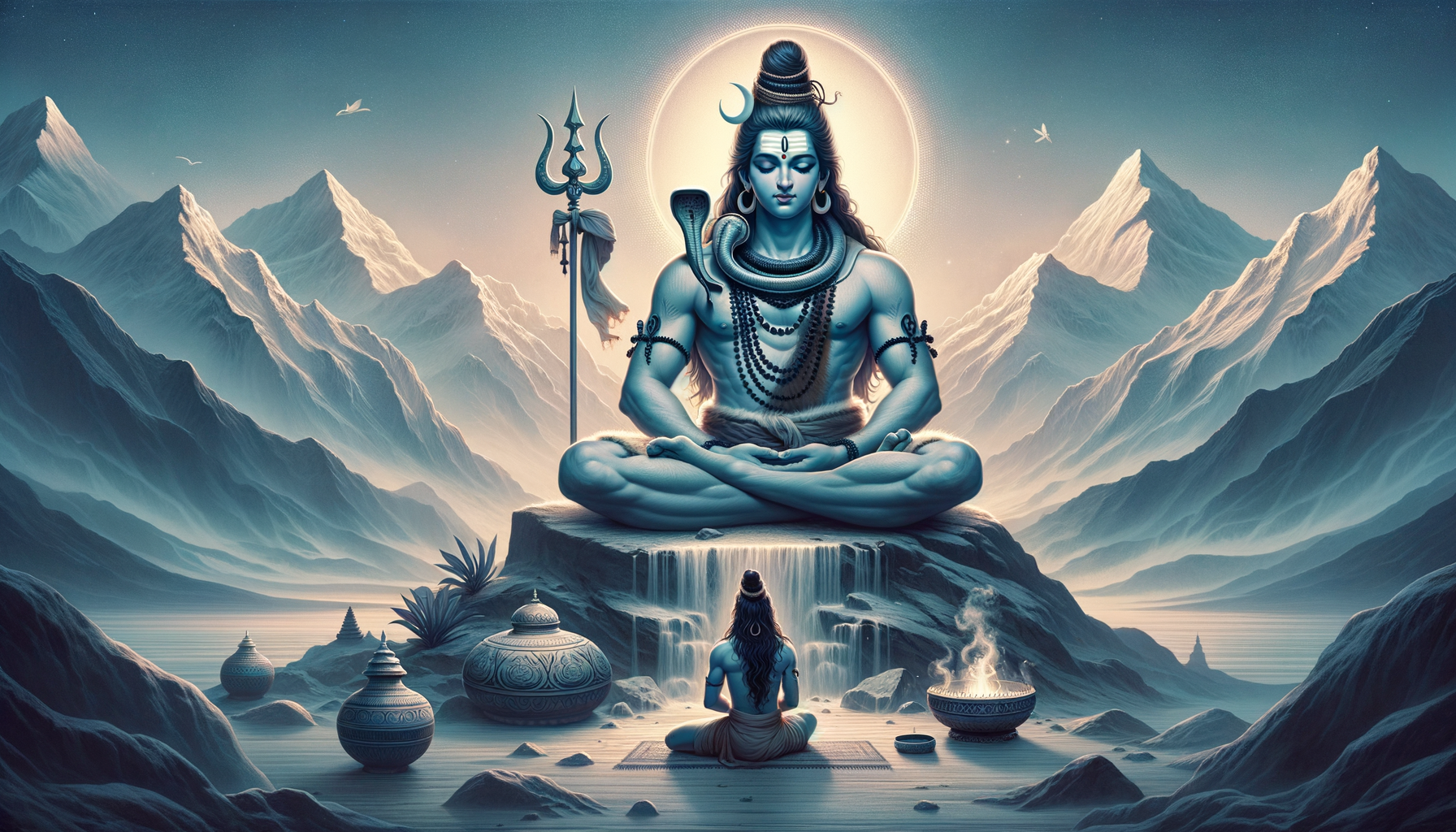 Serene illustration of Lord Shiva meditating in the Himalayas, with trident, crescent moon, and serpent; a devotee sits below by a sacred fire, waterfalls and misty peaks evoking {post.categories}.