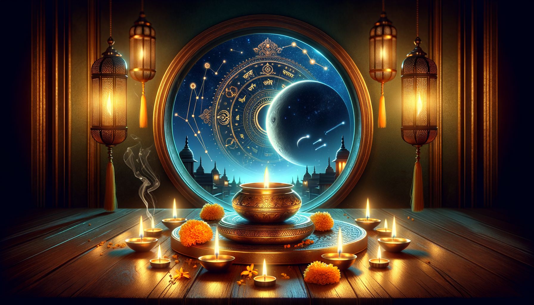 Warm diyas and pierced-metal lanterns light marigolds and a carved kalash before a round window with a zodiac wheel, constellations, and a crescent moon above temple spires—astrology and ritual.