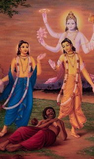 Painting of Lord Caitanya and Nityananda blessing a man lying on a path, with a glowing four-armed Vishnu form above at dusk; gestures and halos emphasize compassion and divine grace.