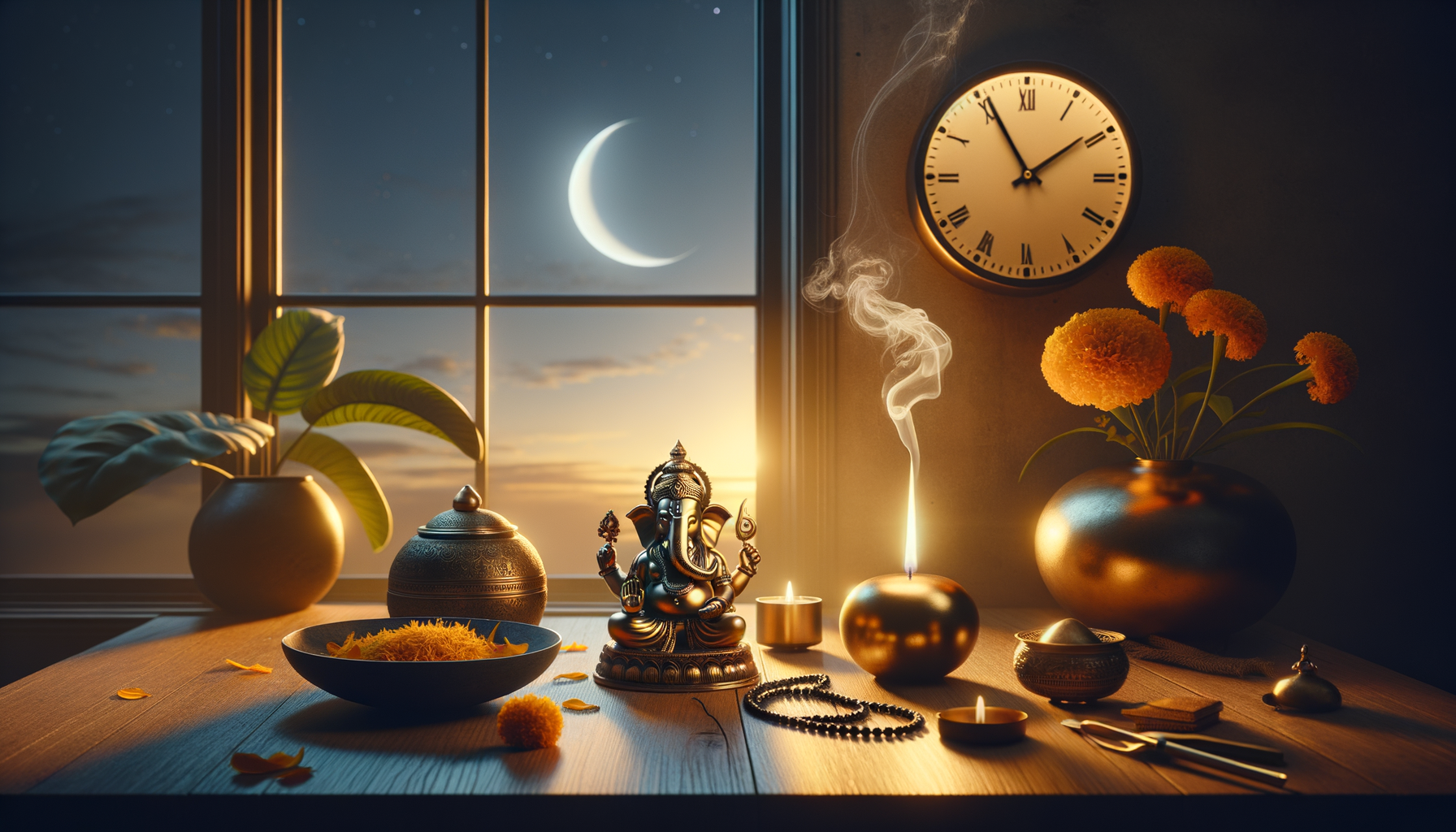 Ganesha statue on a wooden altar with lit diyas, curling incense, marigold flowers, sweets, and a crescent moon at dusk beyond the window; a calm home puja and festive decor scene.