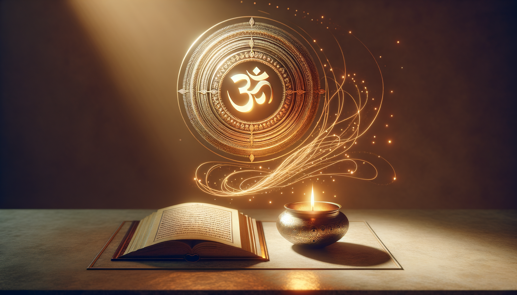 Glowing Om symbol inside an ornate mandala hovers above an open book and a lit oil lamp on a stone table; golden swirls suggest meditation, mantra practice, spirituality, and Hindu philosophy.