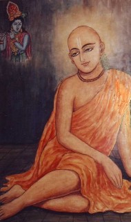 Painting of a serene saffron-robed ascetic seated on a stone floor, halo around the head and a vertical tilaka mark, with a small blue flute-playing deity in the background, evoking deep devotion.