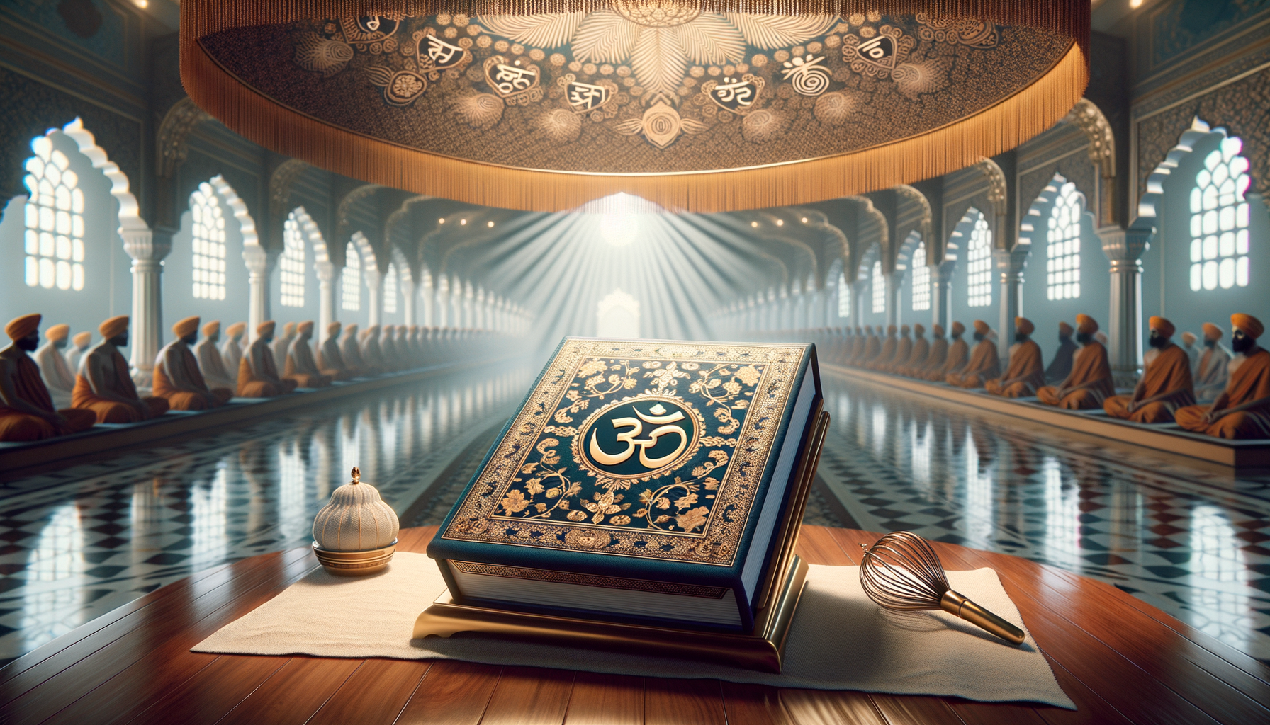 Ornate scripture with a golden Om emblem rests on a stand in a sunlit temple hall, flanked by rows of seated robed figures; intricate ceiling and mosaic floor evoke Hinduism, meditation, and spirituality.