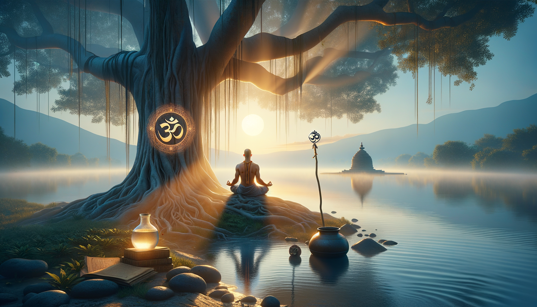 Sunrise over a misty lake where a person meditates beneath a sprawling banyan; a golden Om glows on the trunk, a small temple across the water—serene yoga, meditation, spirituality, {post.categories}.