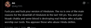 Screenshot of a dark-themed tweet condemning the RSS and a version of Hinduism, alleging harm to real Hindus and appeasement of those who abuse deities; profile avatar, timestamp, and views are visible.