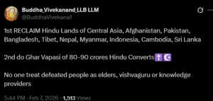 Screenshot of a dark-themed social post urging to reclaim ‘Hindu lands’ across Asia and mass ‘Ghar Vapasi’ of converts, with timestamp and view count, used to illustrate debates on RSS and Indian politics.