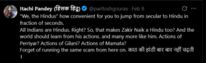 Dark-mode screenshot of a tweet critiquing “We, the Hindus,” questioning labels and citing Zakir Naik, Periyar, Gilani, and Mamata, ending with a Hindi line; profile avatar, handle area, and date are visible.