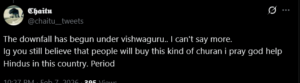 Screenshot of a tweet criticizing a “vishwaguru” leader and saying such “churan” won’t sell, ending with a plea to help Hindus in India; dark mode UI with timestamp and minimal profile details visible.