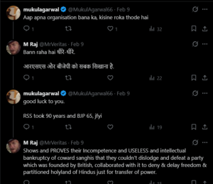 Screenshot of a dark-mode Twitter/X thread where several users debate the Rashtriya Swayamsevak Sangh (RSS) and BJP, sharing critical Hindi-English replies in white text on black, questioning the groups’ competence and legacy.