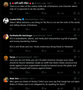 Screenshot of X/Twitter replies criticizing the Rashtriya Swayamsevak Sangh (RSS), alleging betrayal of Hindus and calling for accountability amid debates connected to India, Jammu, and Kashmir.