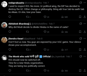 Screenshot of several X posts on a dark theme, where users in India criticize the Rashtriya Swayamsevak Sangh (RSS) and BJP, question caste politics, and urge change; likes and replies are visible.