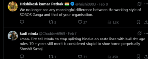 Screenshot in dark mode of two tweets criticizing India's RSS; one compares it to another group, the other urges leaders to end caste-based divides. Reply, like and share counts visible.