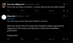 Dark-mode screenshot of two Twitter/X replies from India critiquing RSS (Rashtriya Swayamsevak Sangh): one mocks an 'elder brother' claim; another rejects 'Jai Shri Ram' with 'Jai Bhim' and questions RSS on Buddhist appeasement.
