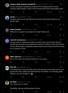 Screenshot of an X (Twitter) thread in dark mode with several replies debating the Rashtriya Swayamsevak Sangh (RSS), Hindu protests, Kashmir Attack and Pahalgam, reflecting India news and sentiment.