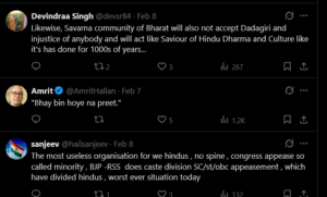 Dark-mode screenshot of three Twitter posts criticizing the Rashtriya Swayamsevak Sangh (RSS); one states 'Bhay bin hoye na preet,' others allege caste appeasement, signaling Hindu dissent in India.