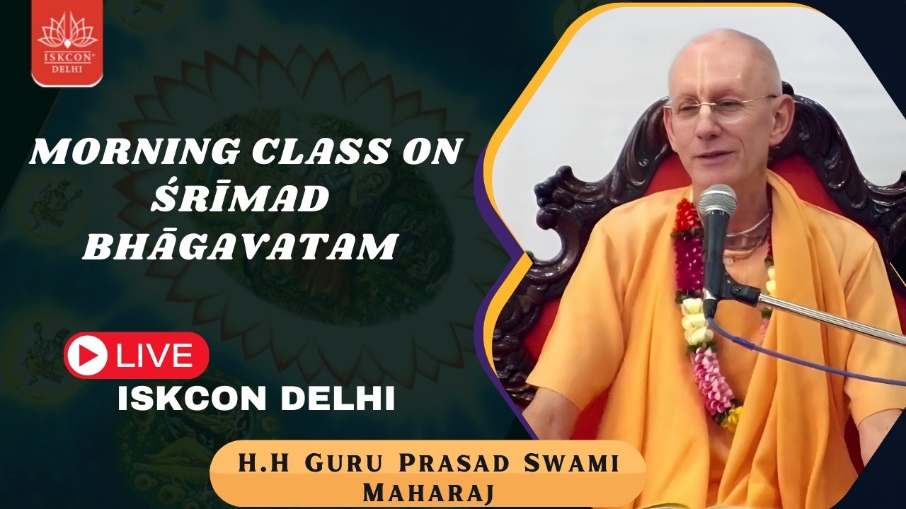 Promotional banner for ISKCON Delhi’s live morning class on Śrīmad Bhāgavatam, showing a saffron-robed speaker at a microphone; overlay text and temple logo visible; accessibility testing ready.