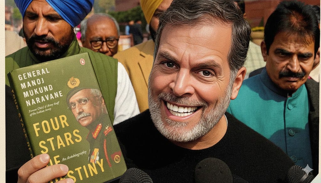 Smiling man holds up 'Four Stars of Destiny', a book by General Manoj Mukund Naravane, before microphones, with onlookers behind; photo for a post on Rahul, Naravane and a coup debate.