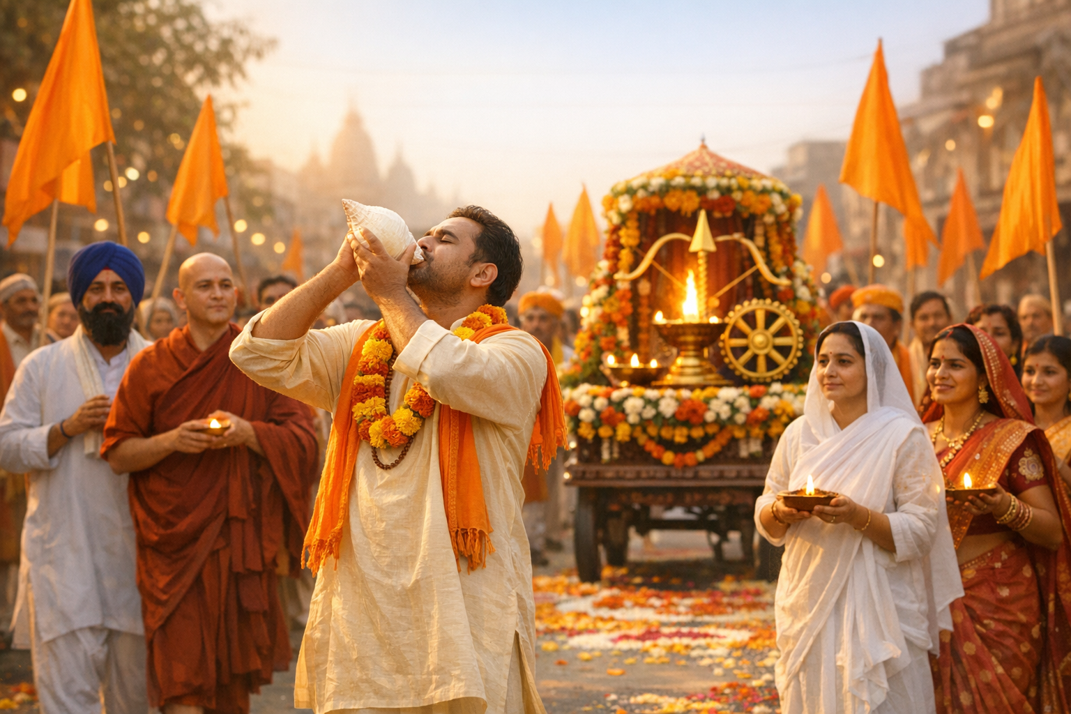 Street festival procession at dusk: a man blows a conch as participants hold oil lamps and orange flags beside a flower-covered chariot with a lamp and wheel emblem, petals scattered underfoot.