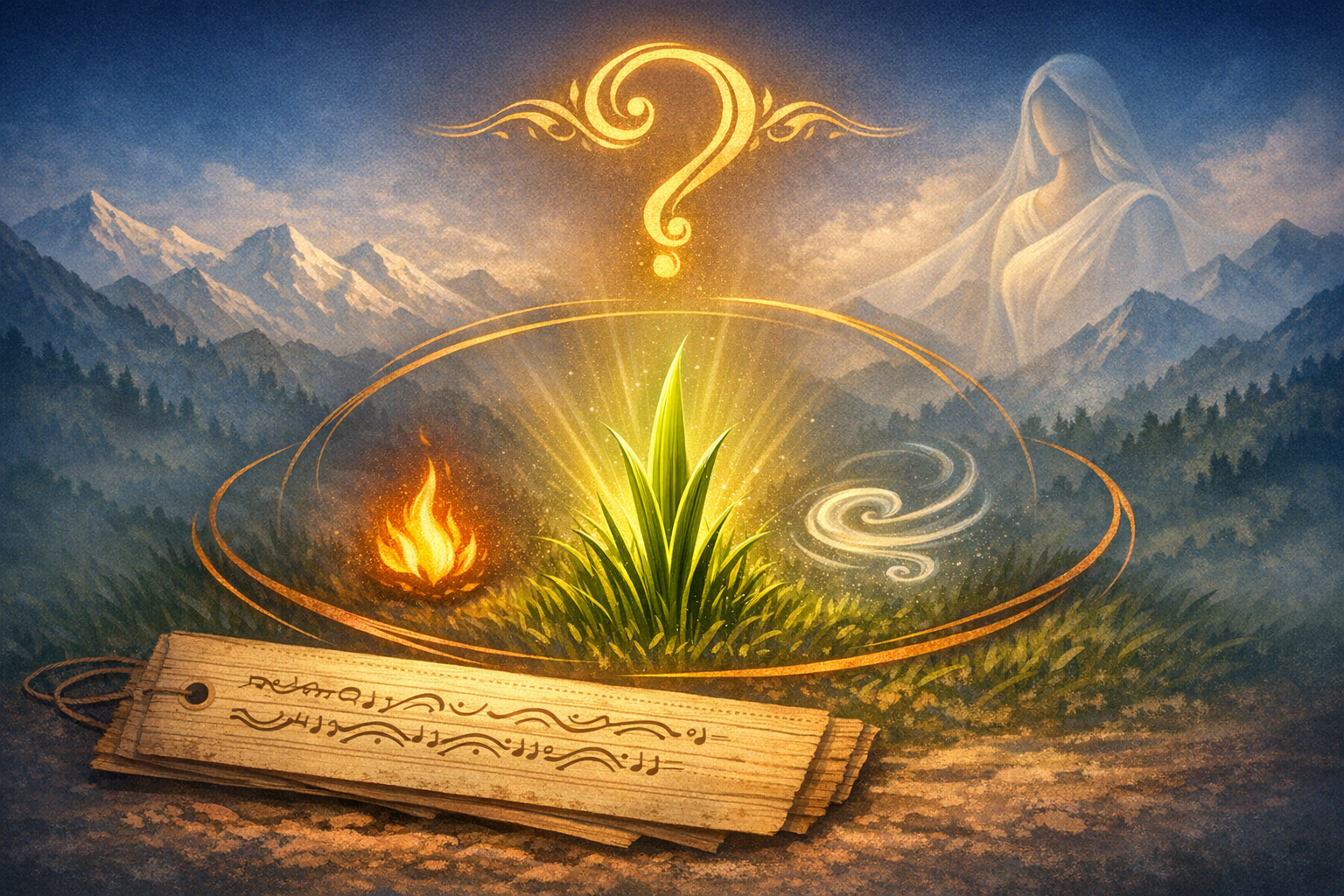 Fantasy scene of elemental balance: a glowing green sprout between a small flame and swirling wind, encircled by lines, with mountains, an ethereal robed figure above, and scrolls in front.