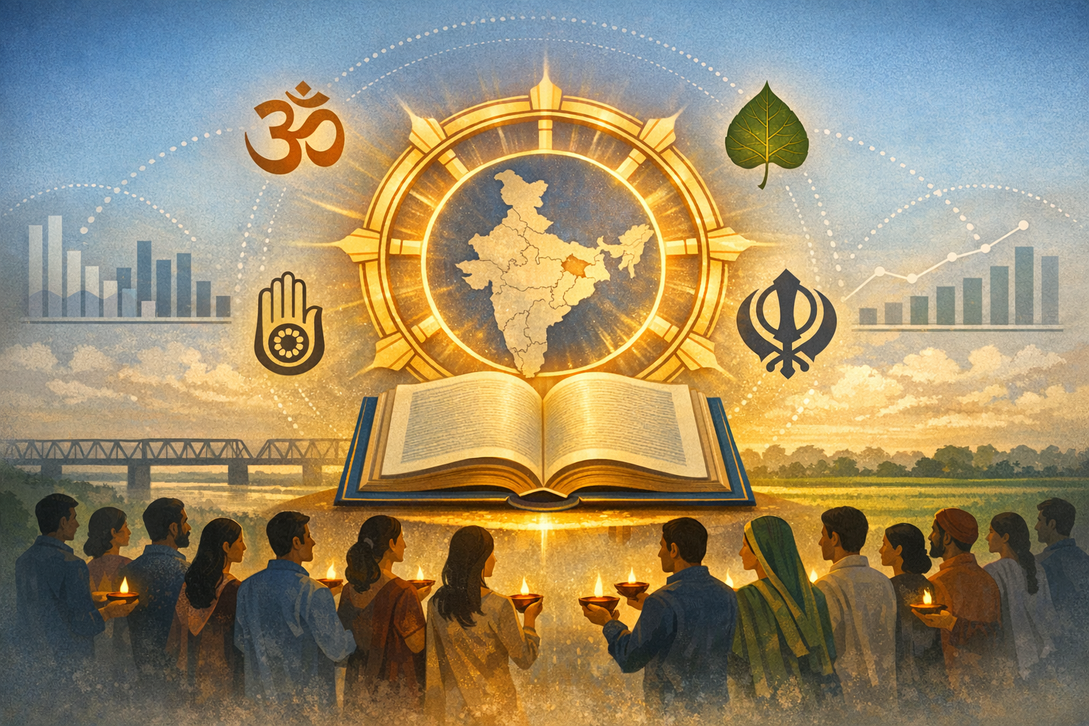 Open book beneath a glowing wheel encircling a map of India with Bihar highlighted; a diverse crowd holds diyas as Hindu, Jain, Sikh, and Buddhist symbols appear beside rising charts across the sky.