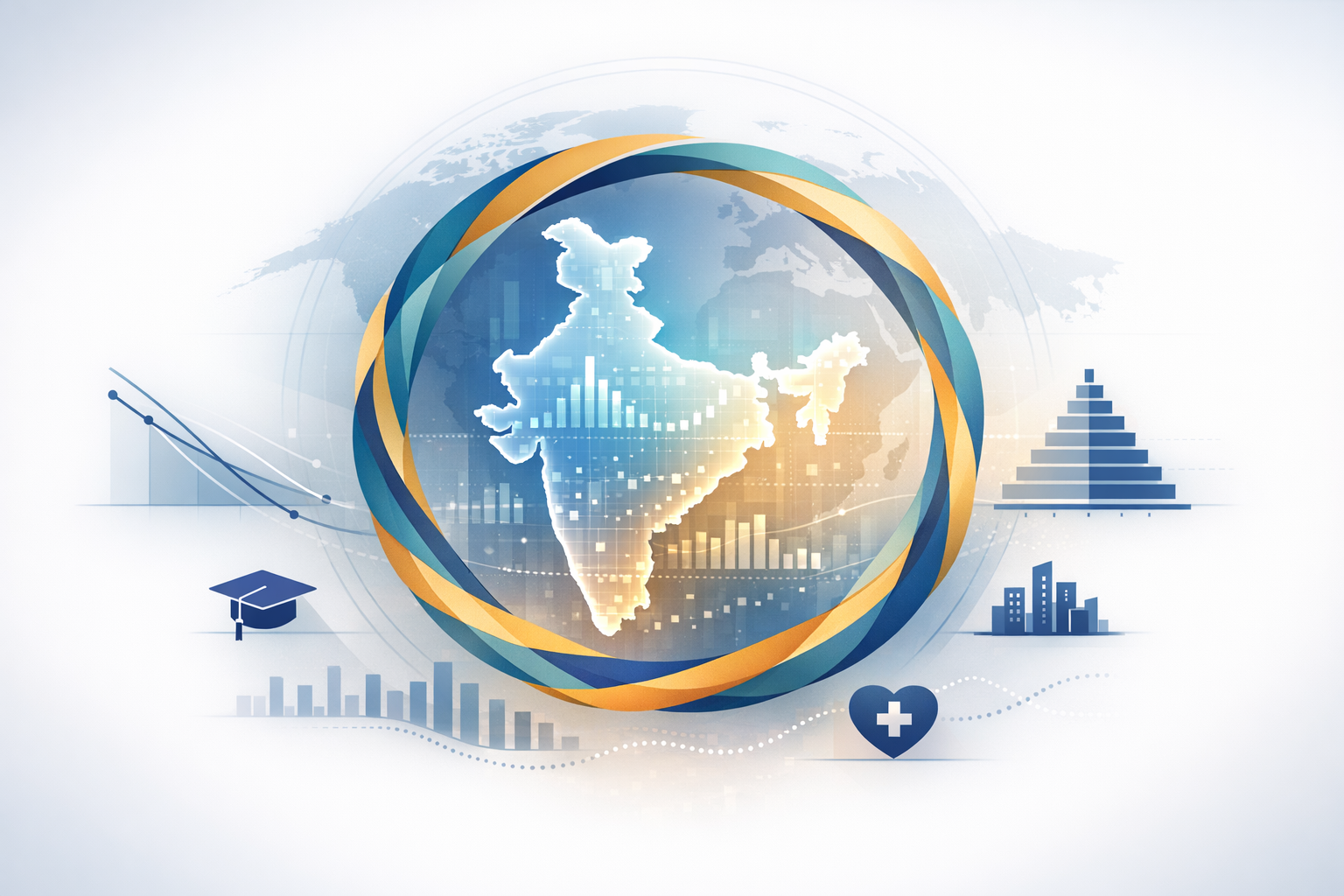 Map of India encircled by blue-gold ribbons, with bar graphs, a demographic pyramid, and icons for healthcare and education - a data visualization of the Indian economy, demographics, and development.
