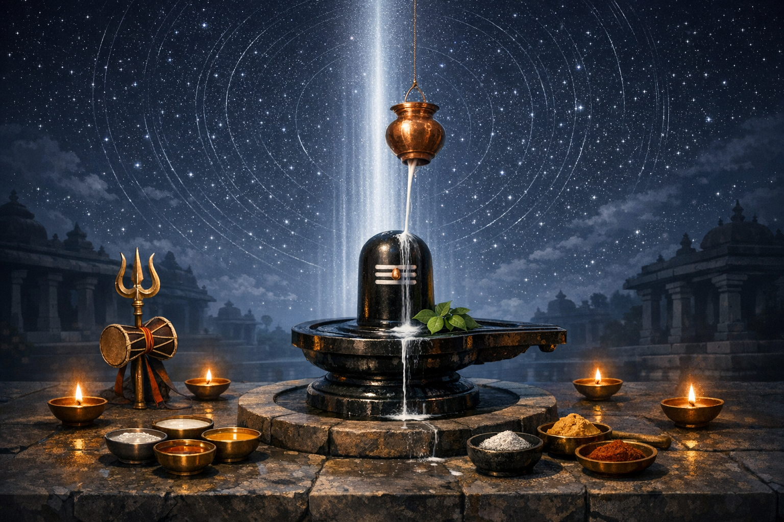 Night-time abhishekam of a Shiva lingam in a Hindu temple: a copper kalash pours milk, with bilva leaves, trident, damaru, oil lamps, and bowls of vibhuti, turmeric, and kumkum under a starry sky.
