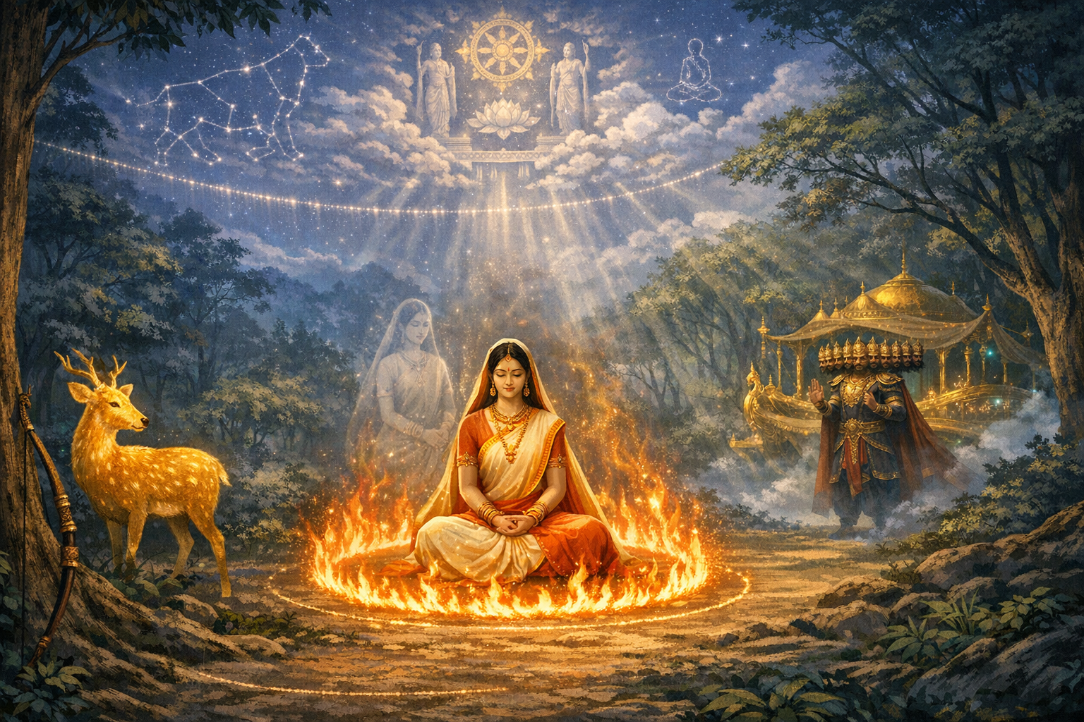 Ramayana scene: Sita meditates in a ring of fire in a forest; a glowing deer at left, multi-headed Ravana by his chariot at right; overhead, constellations and a dharma wheel shine.